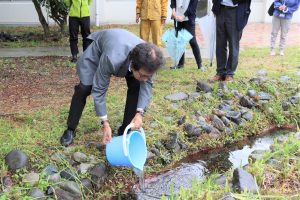 メダカを放流する小泉医学部長